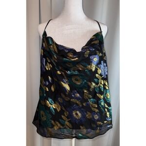 Anthropologie Lovers +Friends Top XL Metallic Floral Tank Flowy Adjustable Party